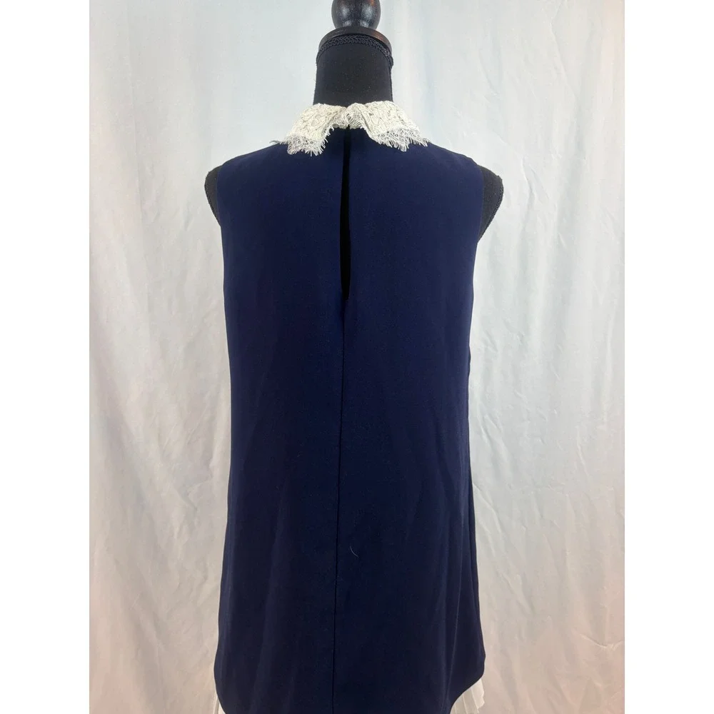 Nanette Lepore Navy Blue Shift Dress Lace Collar Pleated Hem Sleeveless Size 6 - Picture 12 of 14